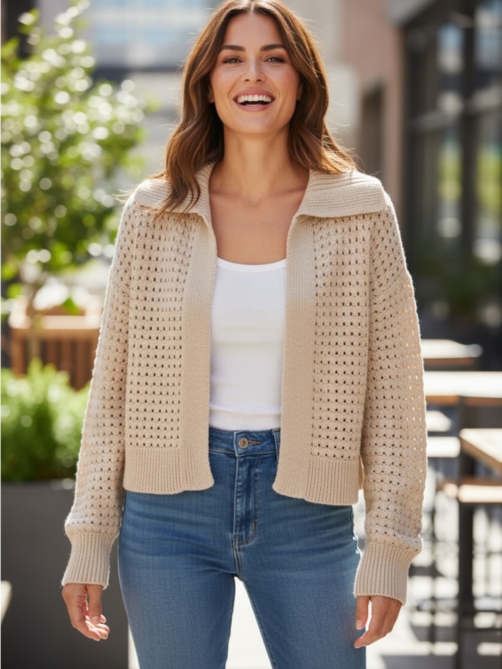 Universal Thread Beige Openwork Zip-Front Cardigan